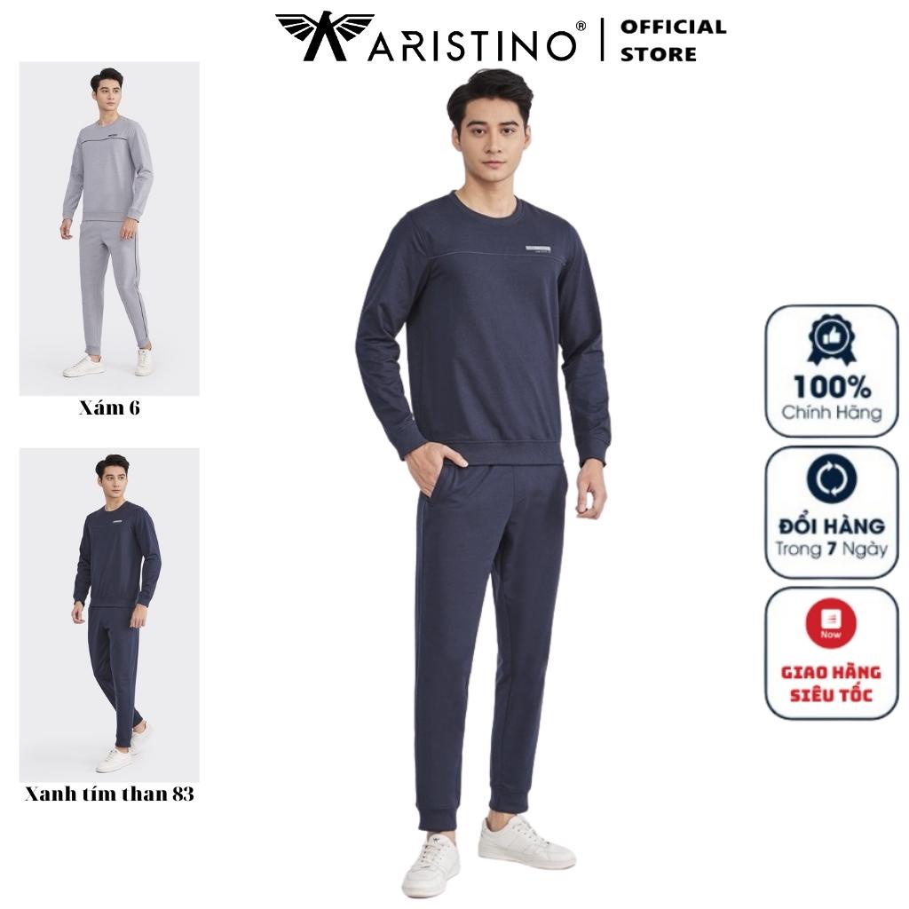 Bộ Đồ Dài Thu Đông Mặc Nhà Nam ARISTINO ALH008W2 Vải Cotton Trơn Màu Dáng Suông Bo Cổ Tay Gấu Áo Cổ Tròn Quần Cạp Chun