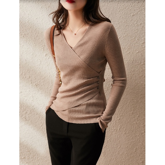 Áo Dệt Kim Tay Lở Cổ Chữ V Màu Sắc Đơn Giản Thanh Lịch