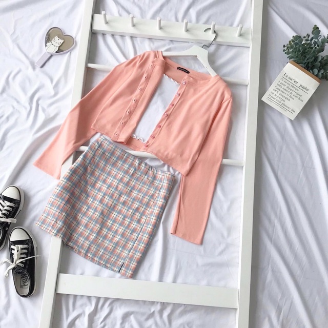 Set Thu Đông Ulzzang Chân Váy Caro-Croptop Nút Ảnh Thật