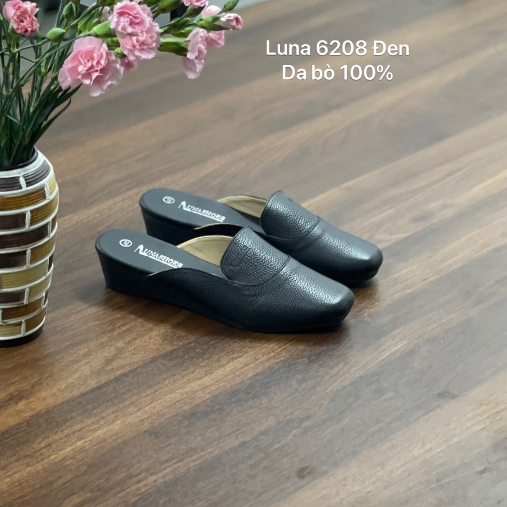 Sục da nữ 3p LUNASHOES 6208 dép cho mẹ màu đen nâu trắng da bò 100% cao 3 phân bảo hành 24 tháng đi êm chân dễ phối đồ