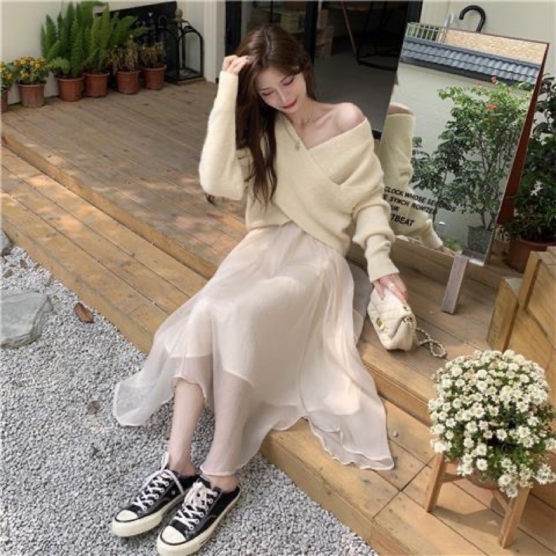 Set áo len X trễ vai + chân váy voan ulzzang điệu đà