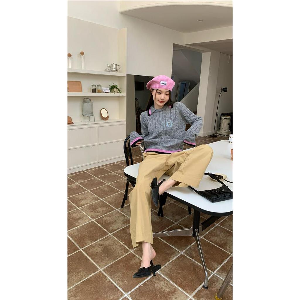 Áo Sweater Dệt Kim Tay Dài Cổ polo Thêu Họa Tiết Màu Sắc Tương Phản Phong Cách Preppy 5648