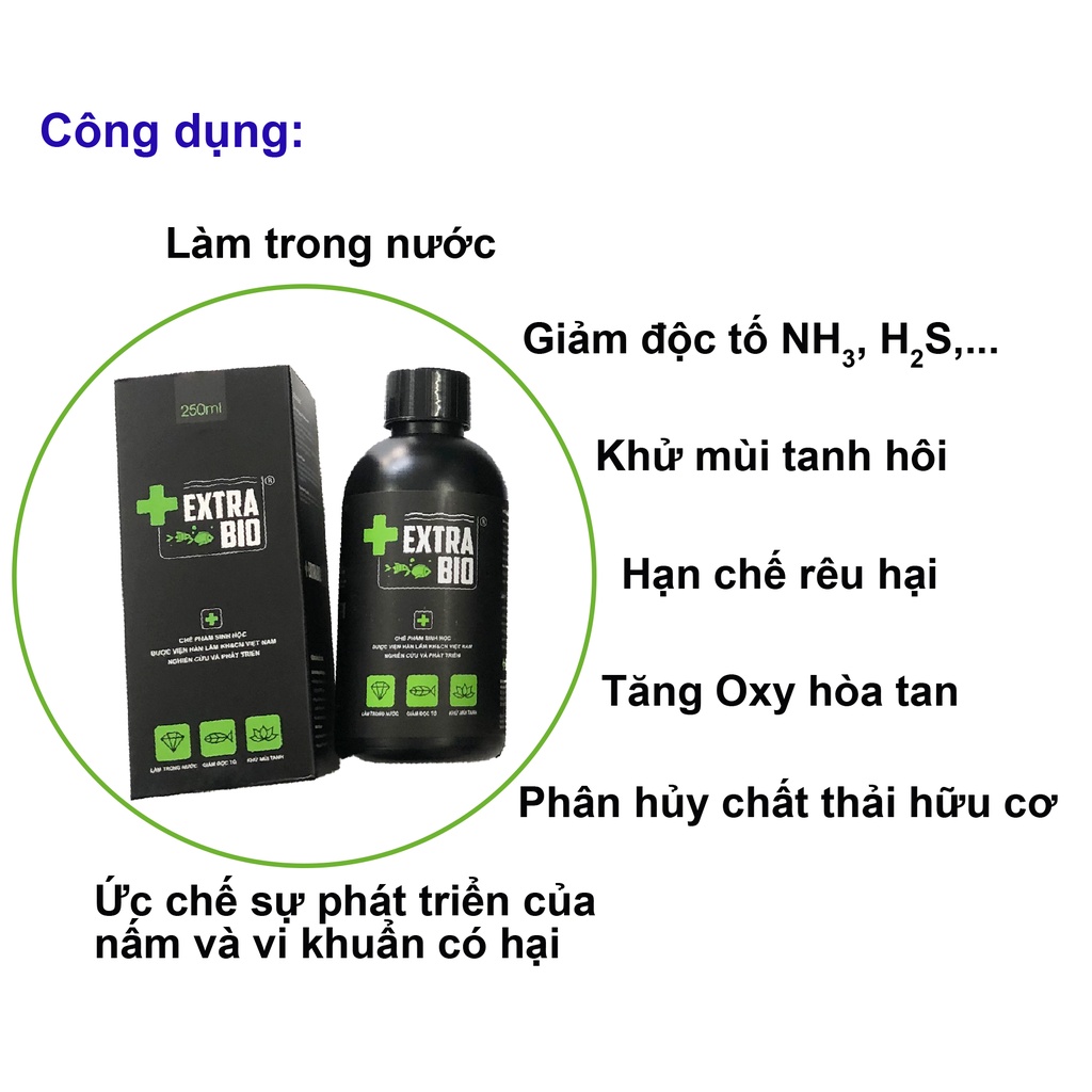 Vi sinh Extra Bio 250ml, vi sinh bể cá, hồ cá giúp làm trong nước, khử mùi tanh hôi, giảm độc tố, ngăn ngừa rêu hại