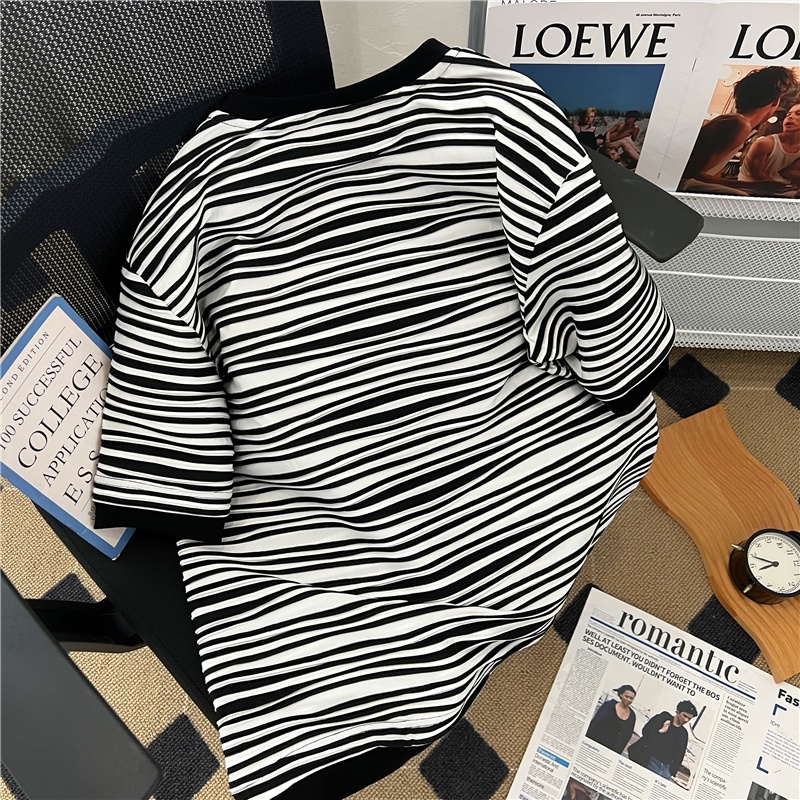 Áo thun SUXI ngắn tay cổ tròn họa tiết kẻ sọc đơn giản phong cách cổ điển dễ phối đồ thời trang mùa hè cho nữ