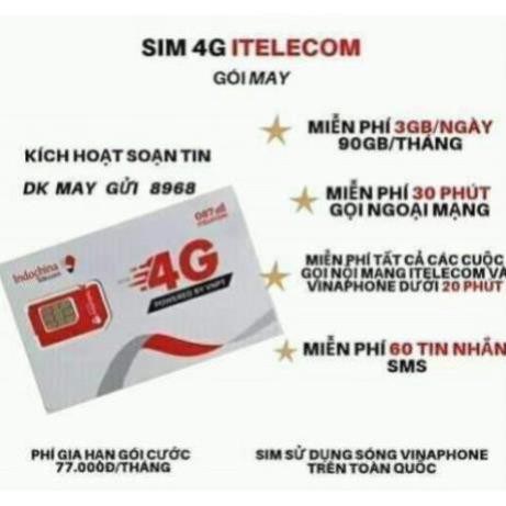 Sim 4G - 79k ( CHỌN SỐ B1 ) vinaphone - Itelecom CÓ GÓI 90gb/tháng + free gọi vina  giống sim vd89 - vd149 - v90