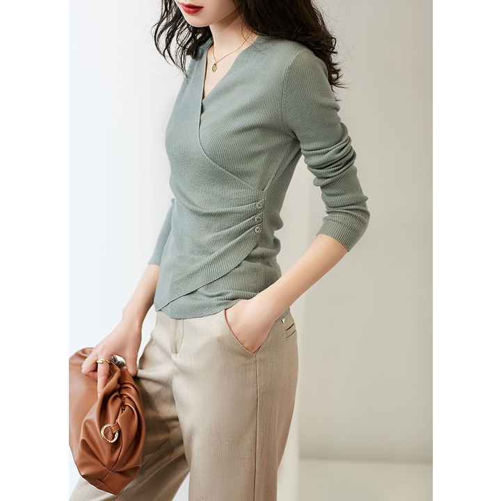 Áo Dệt Kim Tay Lở Cổ Chữ V Màu Sắc Đơn Giản Thanh Lịch