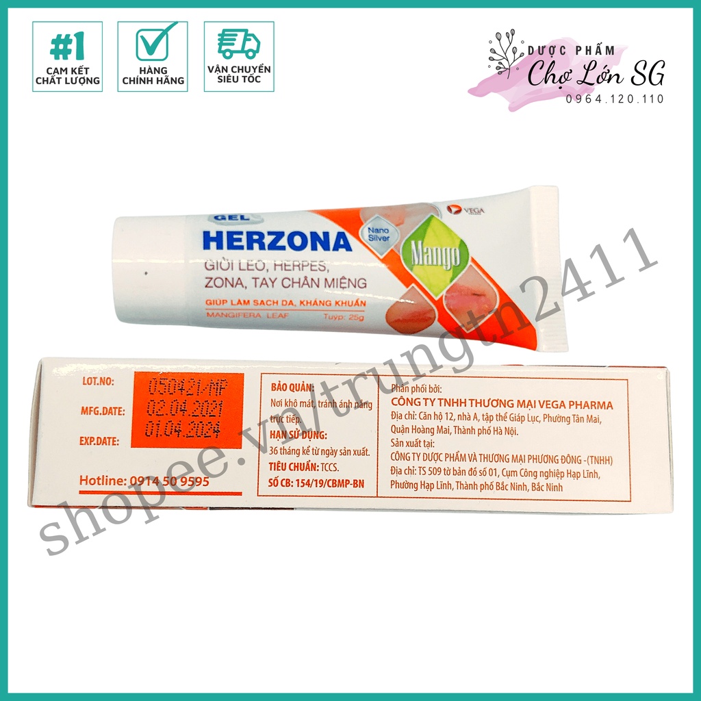 Gel HERZONA tuýp 25g - giúp làm sạch da, kháng khuẩn trong các bệnh giời leo, herpes, zona, tay chân miệng