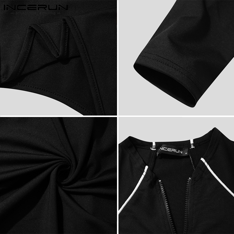 Áo liền quần INCERUN tay dài dáng ôm màu trơn khóa kéo quyến rũ thời trang mùa thu dành cho nam