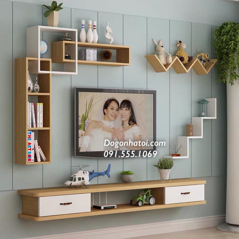 SET KỆ TIVI TREO TƯỜNG PHÒNG KHÁCH - MÀU TRẮNG & VÂN GỖ SỒI - NT704- ĐỒ GỖ NHÀ TÔI