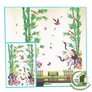 Tấm decal dán tường, dán kính cây tre, cây trúc và chim hạc 55cm x 80cm