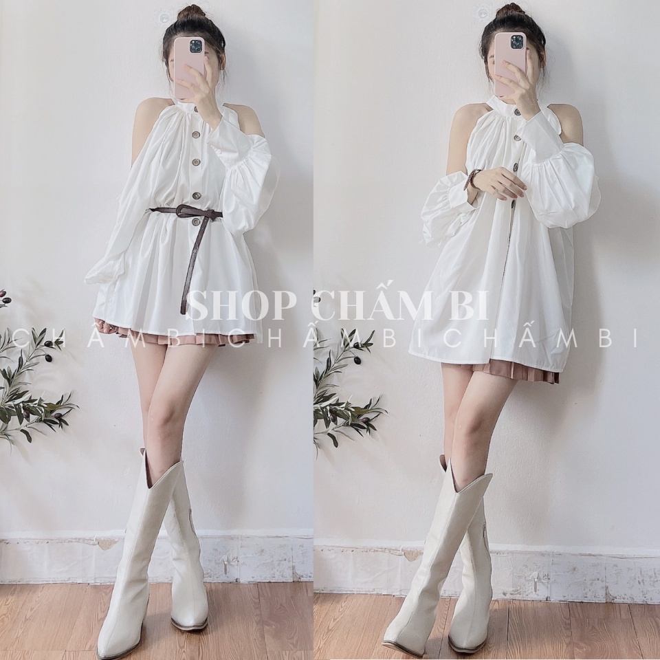 ₪Áo kiểu đẹp A.205, váy hàn quốc khoét vai tay bo cùng hàng cúc gỗ cực xinh (không kèm đai)