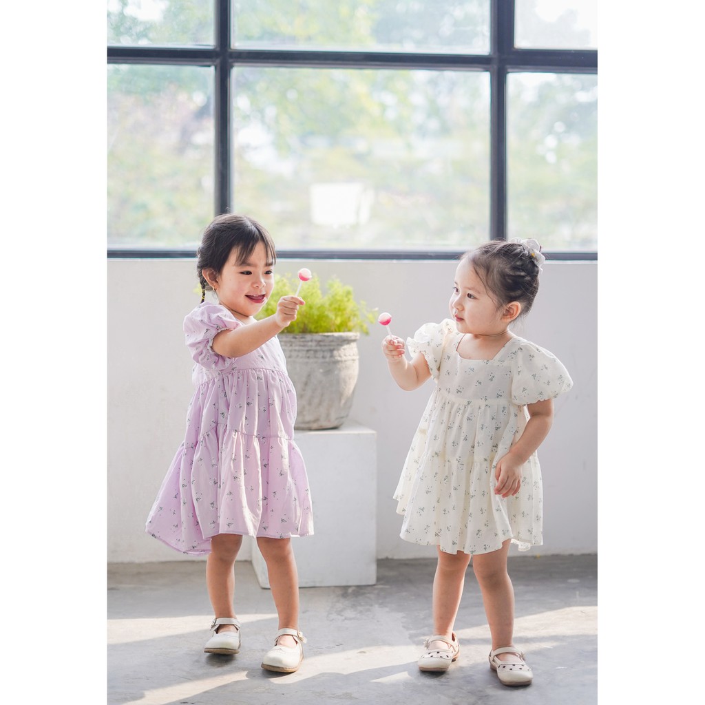 [váy thiết kế] - Floral Dress - váy baby doll vải thô hoa nhí trắng & tím