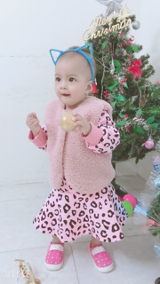 [Mặc Là  SANG] Set áo gi lê lông + váy beo hồng