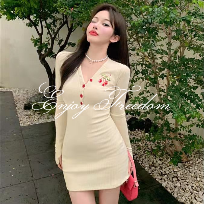 Enjoy Freedom Đầm Ngắn Ôm Eo Cổ Chữ V Thêu Hình Quả Cherry Phong Cách Vintage Dành Cho Nữ