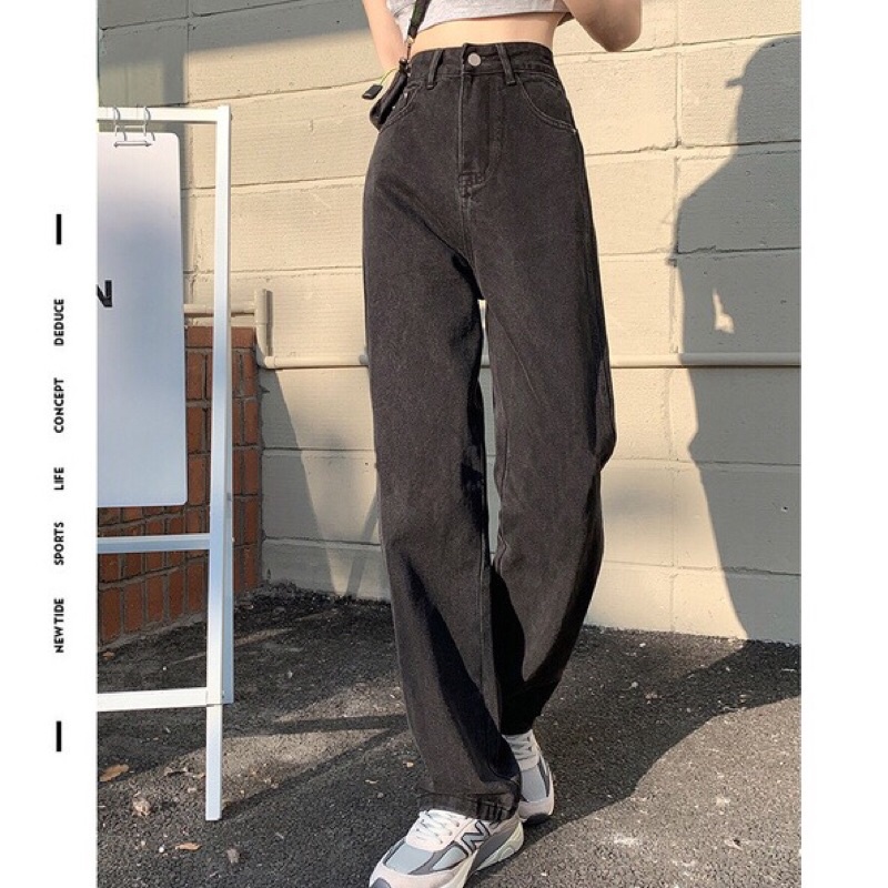 Quần jean bò kaki ống rộng suông nữ jeans cạp cao phong cách Hàn Quốc 3 size S M L