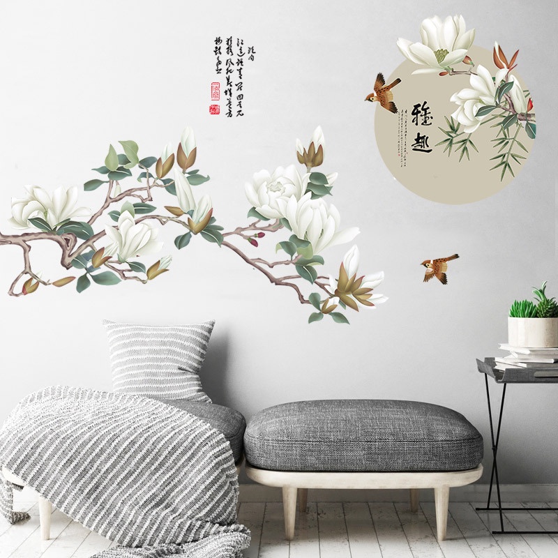 Tranh 3D dán tường Cành hoa và chim trời, Decal phong cảnh trang trí KT 155x45
