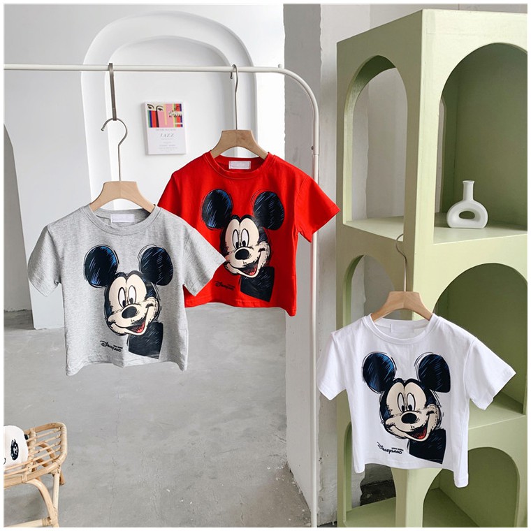 Áo Cộc Tay Cho Bé Trai Bé Gái 100% Cotton Co Giãn 4 Chiều, Áo Phông Cho Bé Hình Chuột Mickey Quần Áo Trẻ Em Hè 2021-1