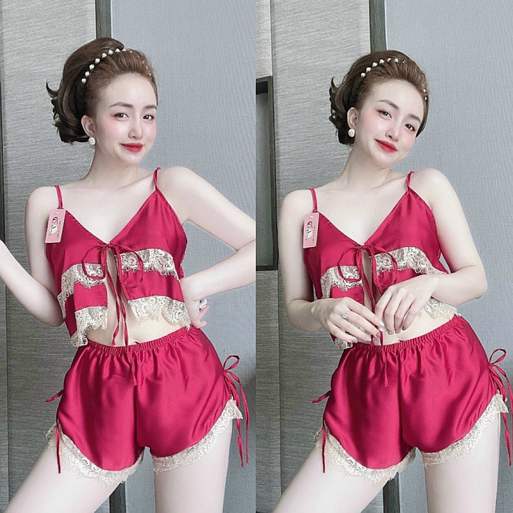 Đồ bộ đùi ngủ sexy hai dây xẻ ngực phối ren satin cao cấp