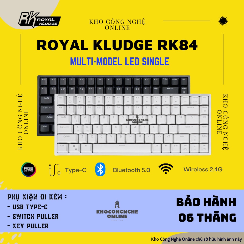 Bàn phím cơ máy tính Royal Kludge RK84 Hotswap kết nối 3 chế độ (Bluetooth 5.0  | Wireless 2.4G | Dây type C)