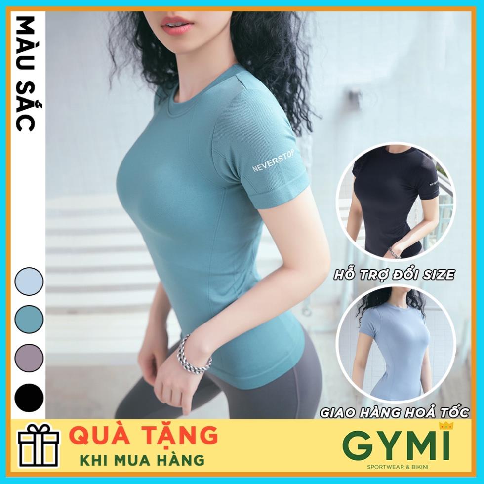 Áo tập gym yoga nữ GYMI AC08 dáng ngắn cộc tay thể thao chất dệt dày dặn co giãn thấm mồ hôi Đẹp