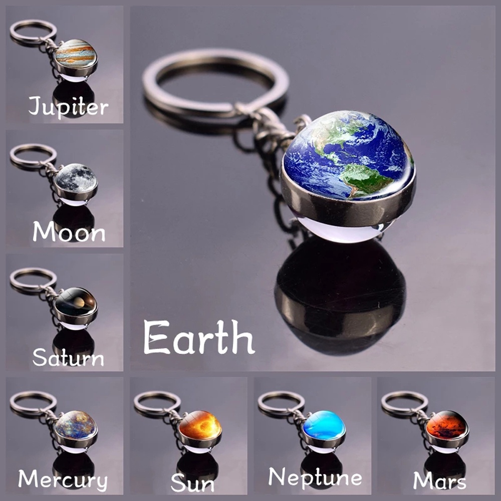 Móc khóa hình quả cầu thủy tinh mặt trăng / mặt trời / hành tinh màu dạ quang độc đáo