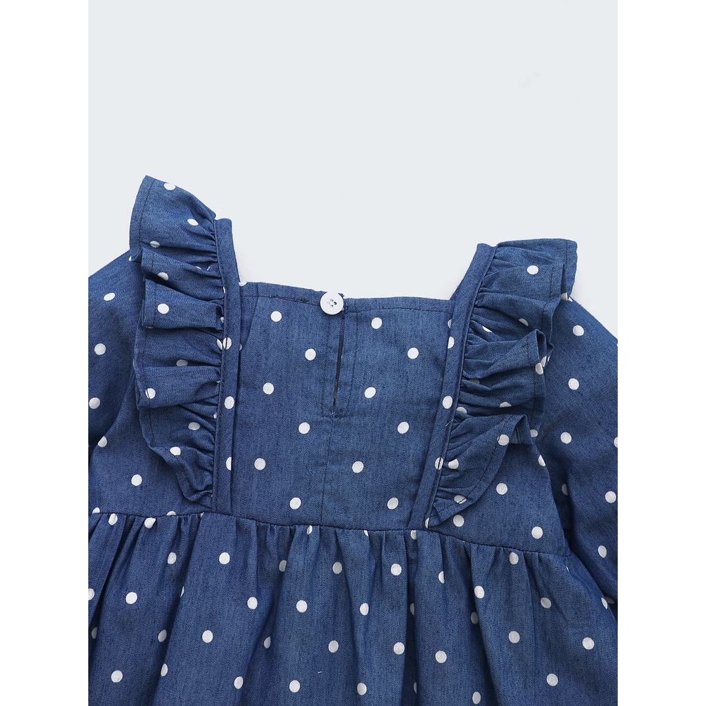 Đầm Mikrdoo thời trang tay dài phối bèo họa tiết chấm bi in đáng yêu dành cho bé gái sơ sinh