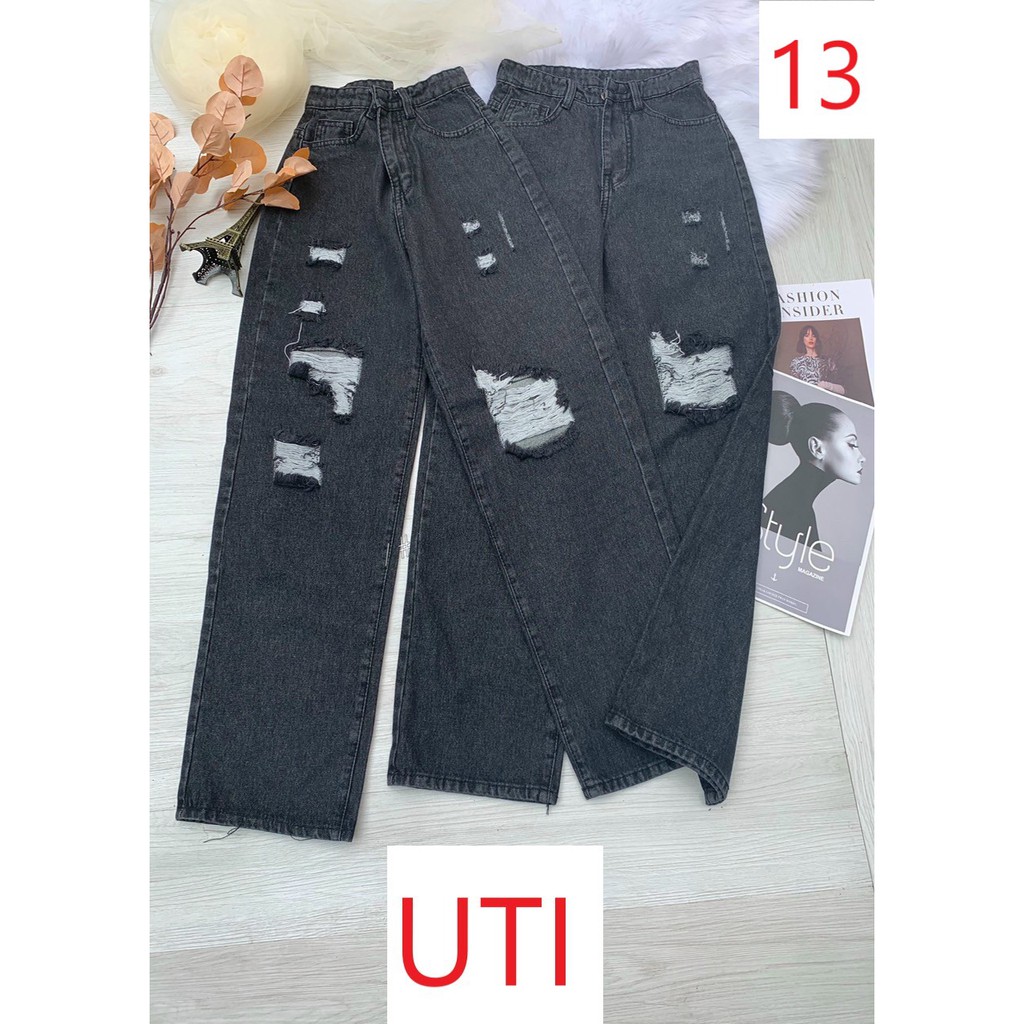 QUẦN JEAN ỐNG RỘNG NỮ LƯNG CAO RÁCH CÀO LỔM CHỔM MÀU XÁM LAI CUỐN CAO CẤP UTI ĐỦ SIZE S, M, L SIÊU LẠ SIÊU HOT HIT