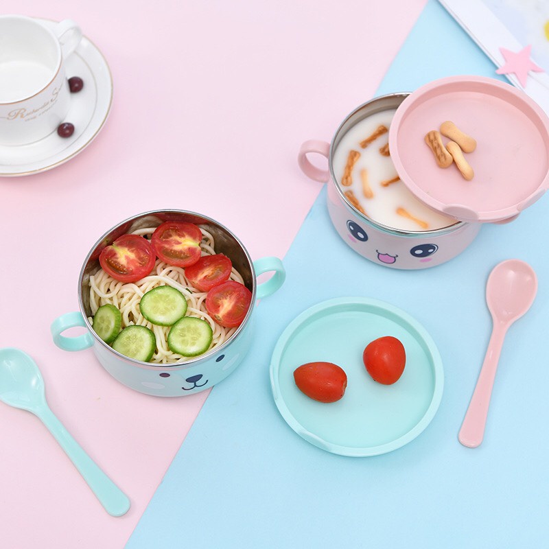 Bát ăn dặm cho be bộ chén inox kèm thìa kiểu Nhật trai gái hình gấu xanh hồng 2X MART