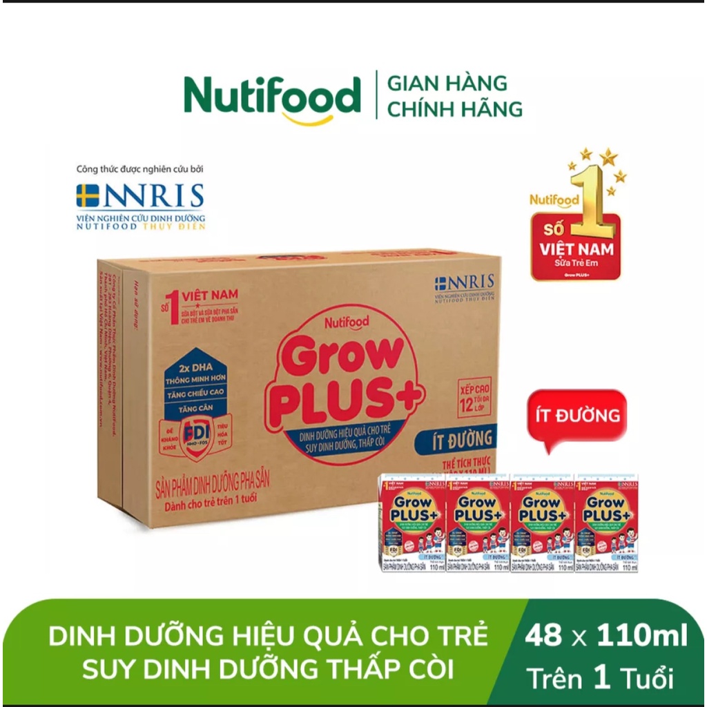 [HSD T11-2022] [Kèm Tem Trúng Thưởng] Combo 2 Thùng 96 Hộp Nutifood GROW PLUS SDD Ít Đường 110ml ĐỎ