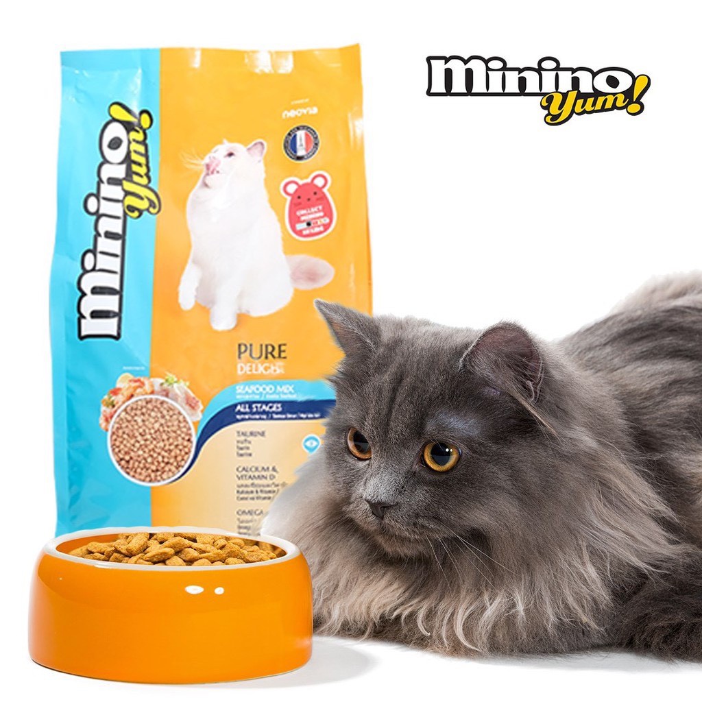 Thức ăn hạt cho mèo Minino Yum vị hải sản &amp; cá hồi, gói 1.5 kg