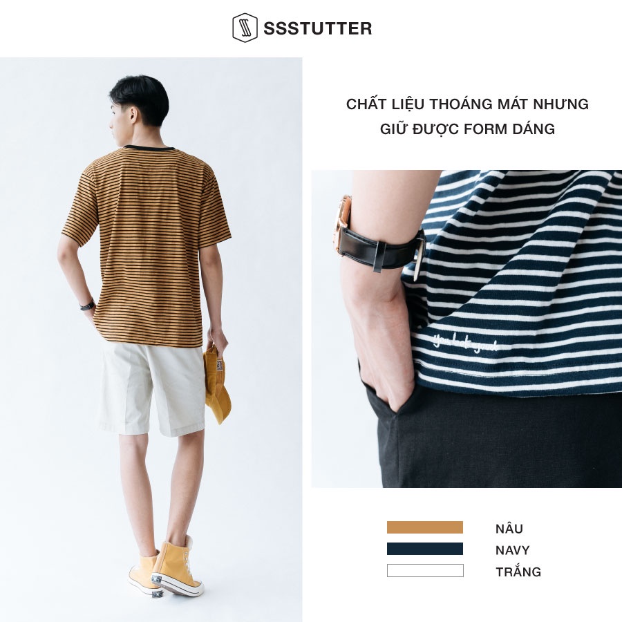 Áo phông Unisex tay ngắn họa tiết kẻ sọc ngang SSStutter vải dệt thoi vân chéo 3 màu Dial Tee | BigBuy360 - bigbuy360.vn