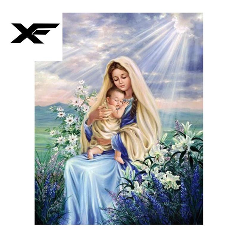Tranh Thêu Chữ Thập Đính Đá Hình Đức Mẹ Mary