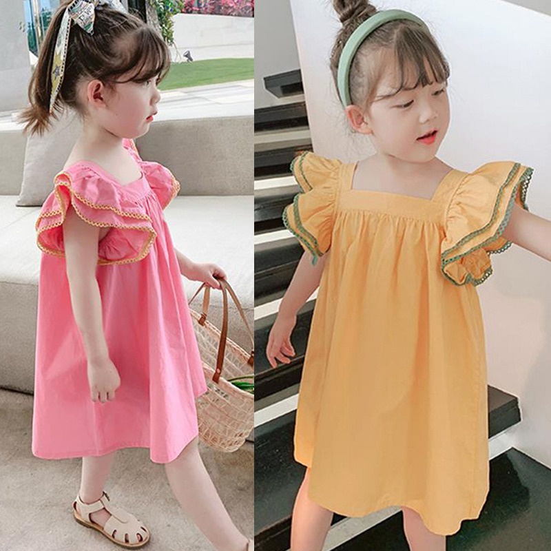 Đầm Chữ A Xếp Ly Cổ Vuông Dễ Thương Cho Bé Gái 3-8 Tuổi