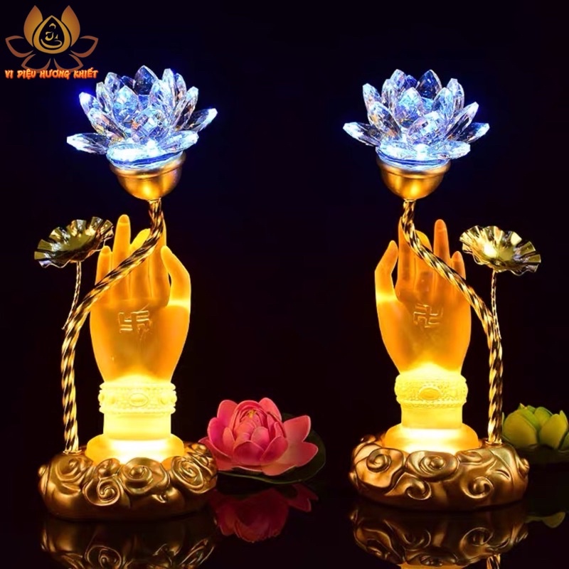 CẶP 2 CÂY ĐÈN LED TAY PHẬT CẦM HOA SEN THỜ CÚNG TRANG TRÍ
