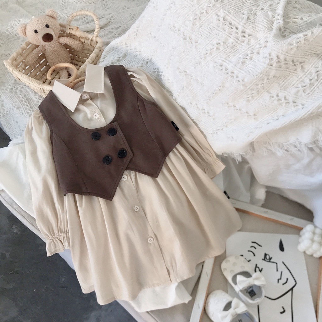 Bộ Áo Sơ Mi Màu Cà Phê + Đầm Thời Trang Mùa Thu Hàn Quốc 2021 Cho Mẹ Và Bé
