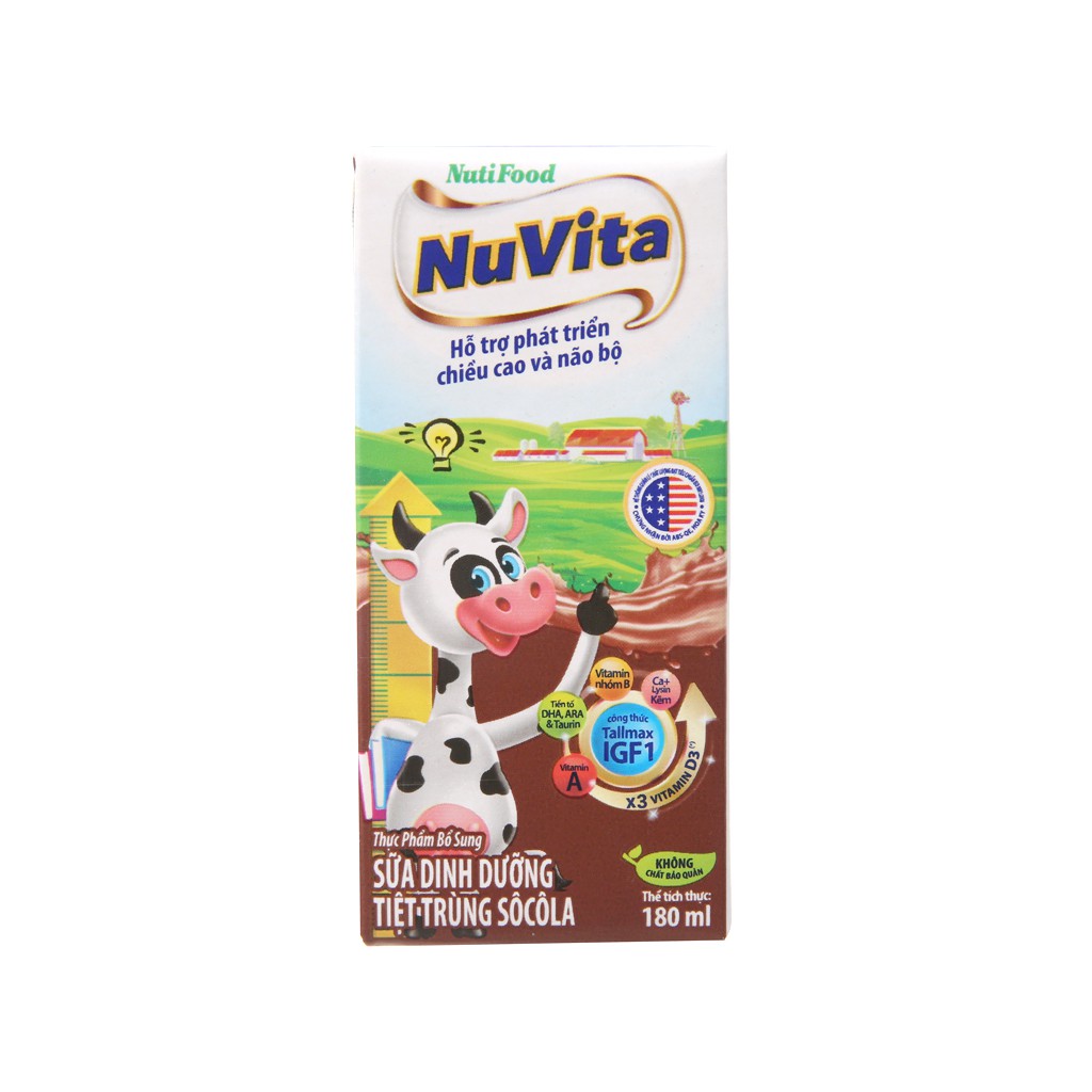 Lốc 4 hộp sữa tiệt trùng socola Nuvita 180ml