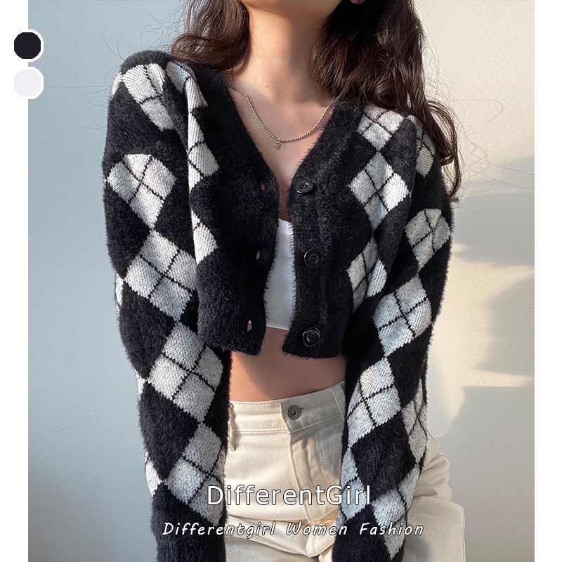 Áo Cardigan Dệt Kim Tay Dài Dáng Rộng Hoạ Tiết Kim Cương Phong Cách Retro