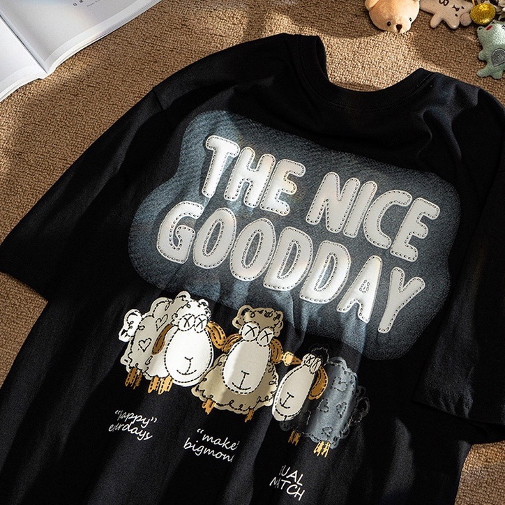 Áo Thun Cổ Tròn Unisex The Nice Goodday In Hình Cừu Phong Cách Ullzang,Áo Phông Tay Lỡ Chất Cotton Thoáng Mát