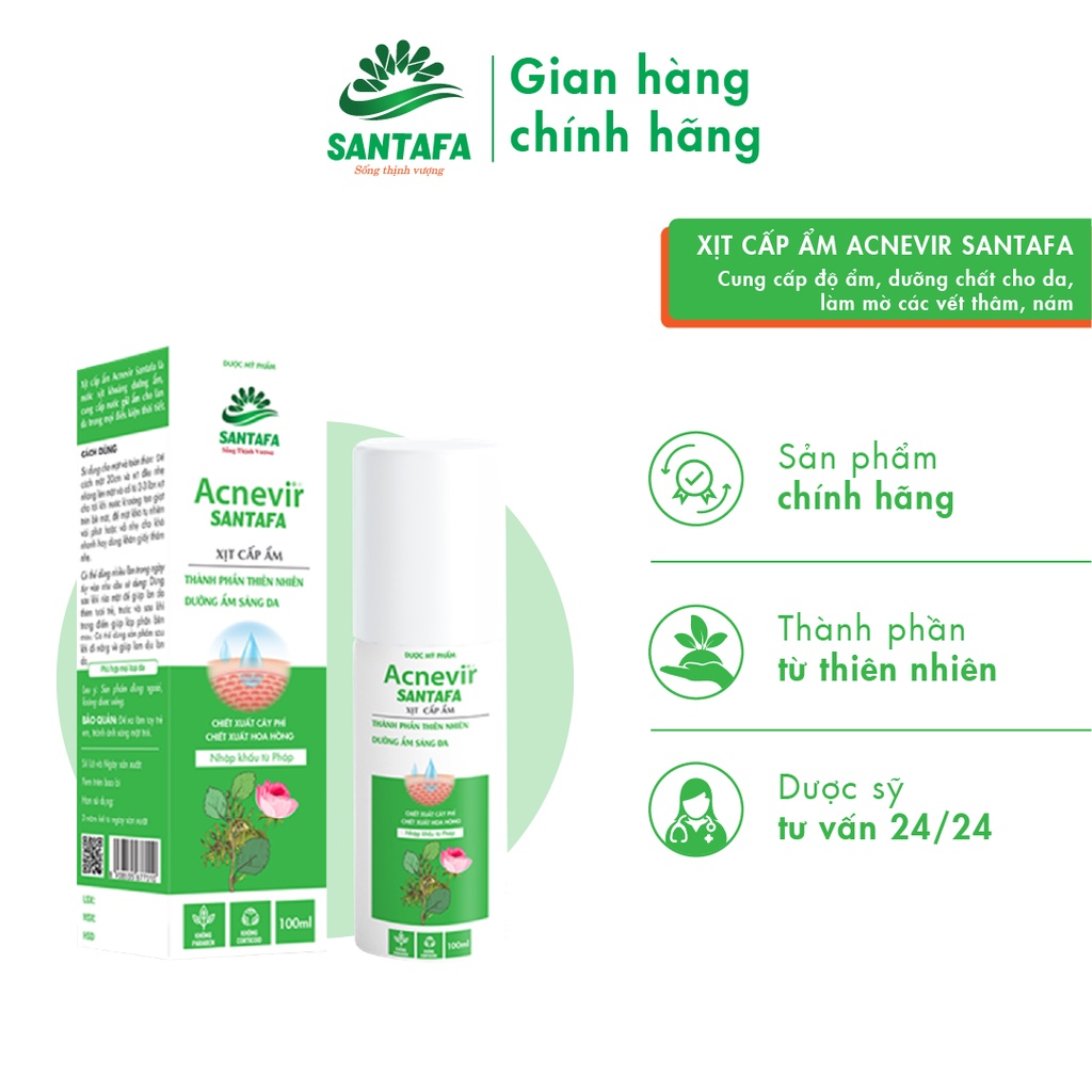 Xịt Cấp Ẩm, xịt khoáng Sáng Da Từ Thiên Nhiên Acnevir Santafa - Chai 100ml