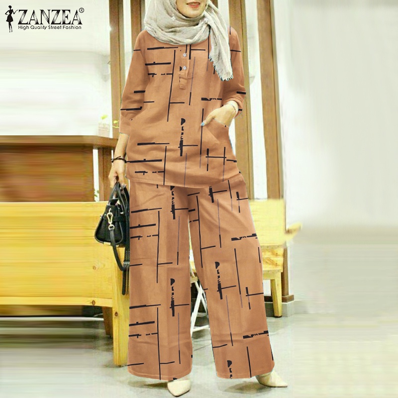 Set đồ ZANZEA gồm áo tay 3 / 4 phối nút và quần dài ống rộng lưng thun in họa tiết hồi giáo thời trang cho nữ