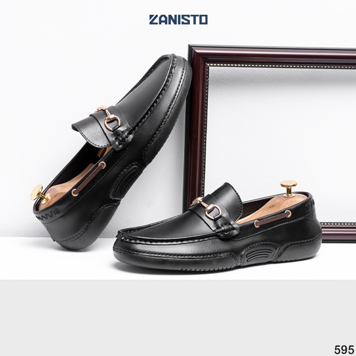 Giày Lười Công Sở Nam Cao Cấp Zanisto CS595 Bằng Da Bò Thật Đế Cao Su Nguyên Khối Màu Đen Trẻ Trung