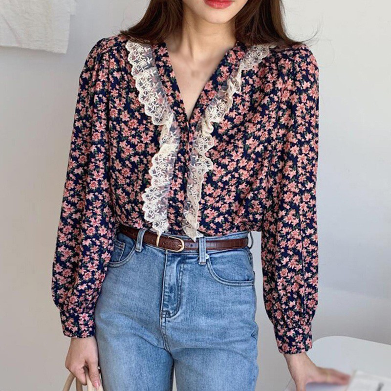 Áo Kiểu Tay Dài Phối Ren Hoa Thiết Kế Cổ Chữ V Nữ Tính