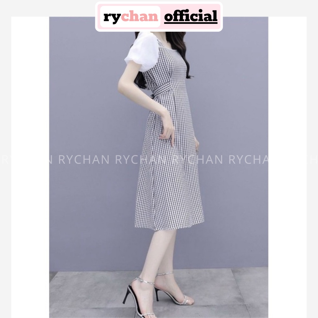 Đầm Nữ Dự Tiệc Họa Tiết Caro Nổi Bật Cổ Vuông Phối Tay Ngắn Trắng Dáng Dài Đi Cafe Thắt Eo Cực Ưa Chuộng - DX9939