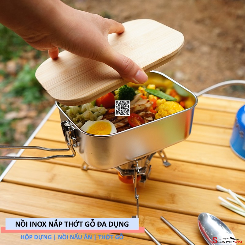 Hộp đựng / Nồi inox vuông nắp thớt gỗ kết hợp đa năng CLS du lịch cắm trại dã ngoại