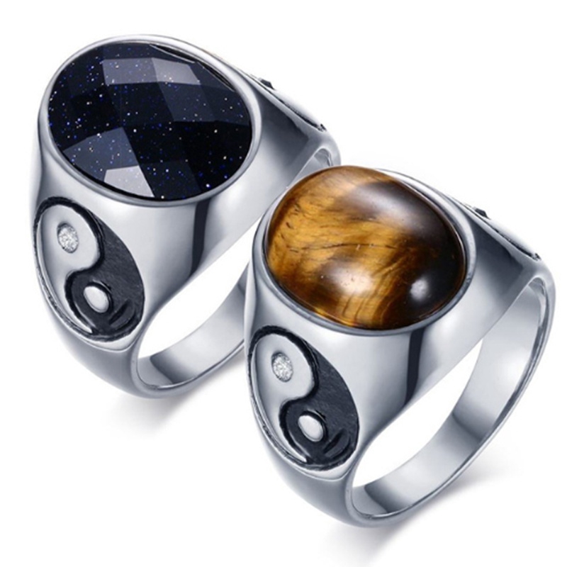 Nhẫn đá mắt hổ hình oval màu nâu với biểu tượng âm dương phong cách vintage cho nam