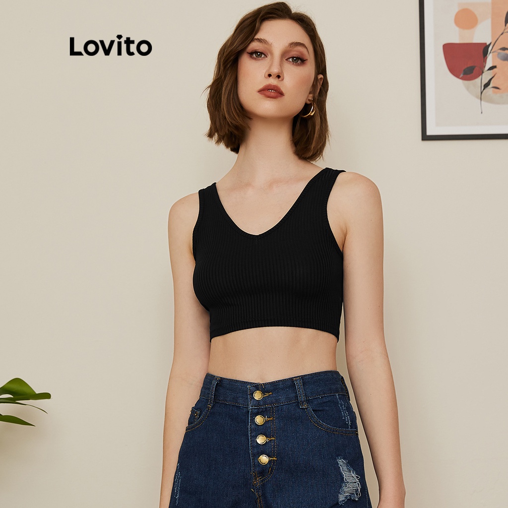 Áo Lovito dáng ngắn cơ bản cổ chữ V màu trơn phong cách đi học L19D072 (Màu đen)