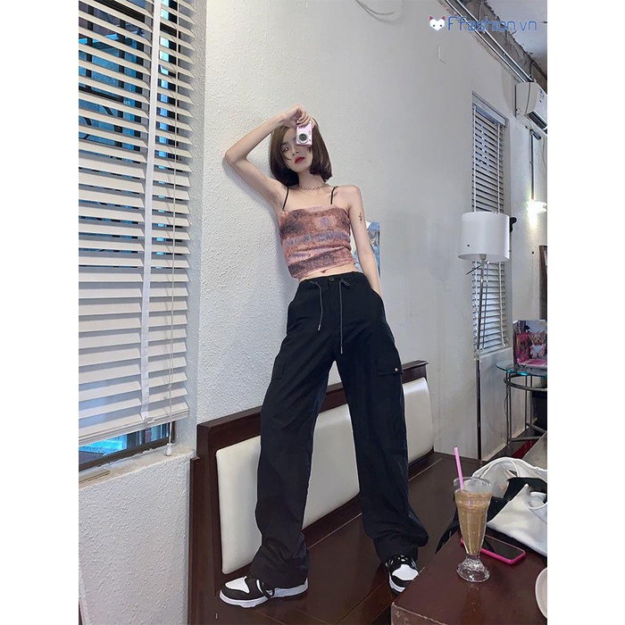 Quần Yếm Ống Rộng Lưng Cao Dây Rút Màu Đen Phong Cách Retro Mỹ Thời Trang Mùa Hè Cho Nữ