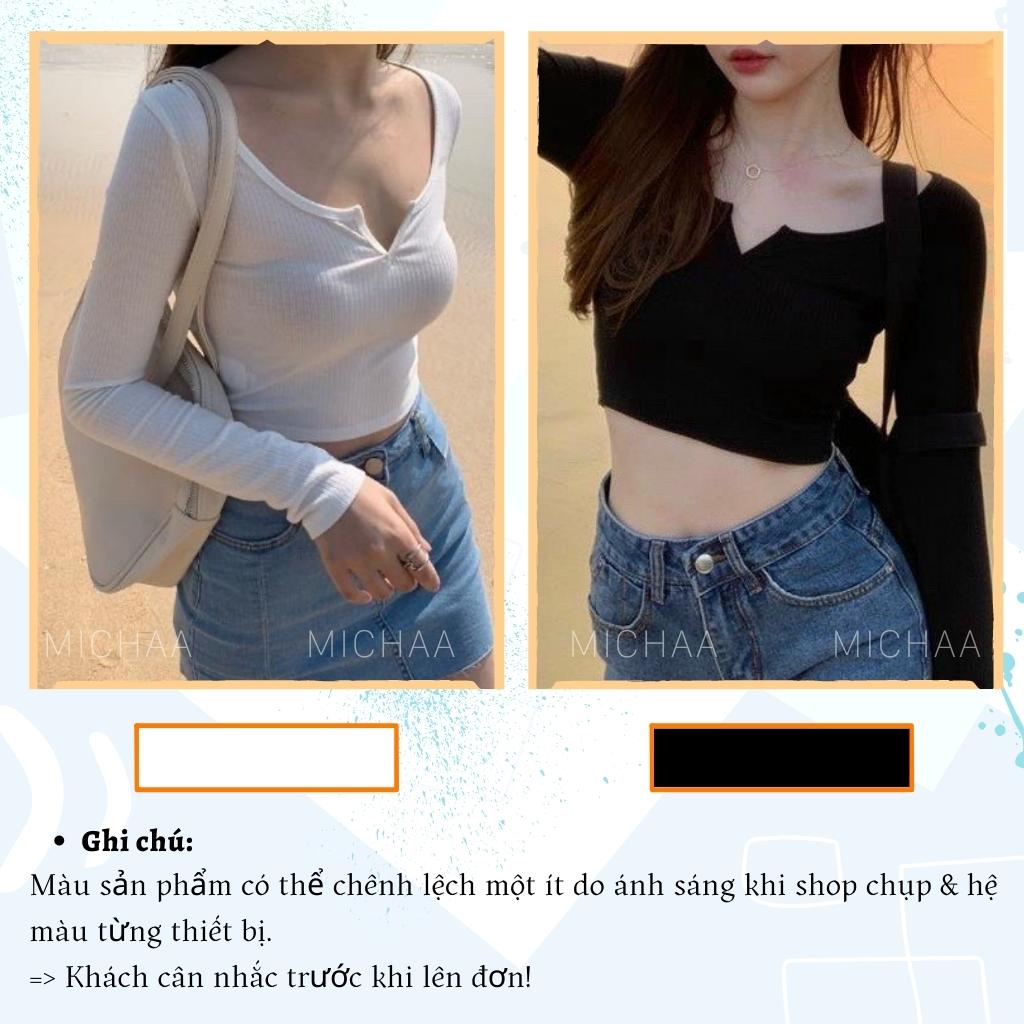 Áo Croptop Cổ KHOÉT CHỮ V Tay Dài Nữ Thun Borip Phong Cách Gợi Cảm - MICHAA