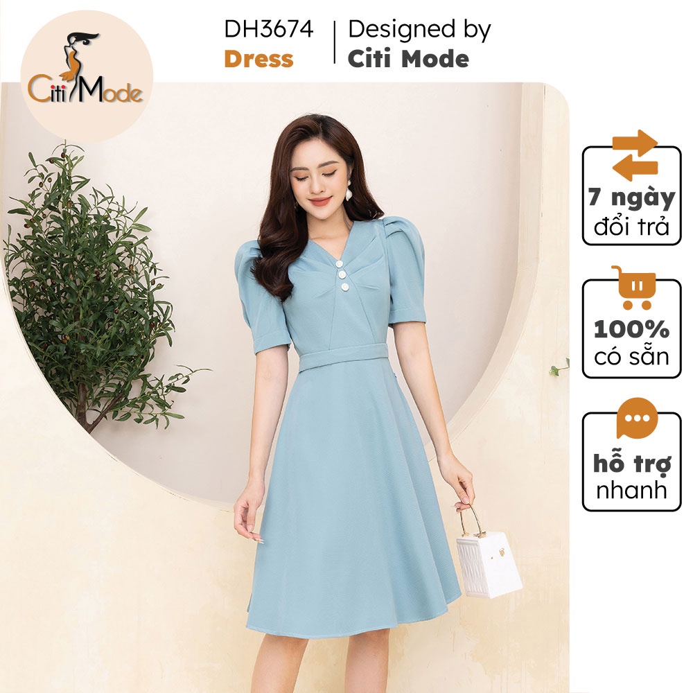 Đầm nữ thiết kế CITI MODE xanh ngọc dáng xòe tay bồng xếp ly thân trên cao cấp DH3674