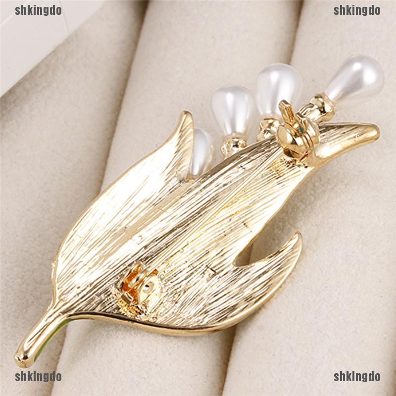 Trâm cài hình chiếc lá đính đá và ngọc trai tráng men